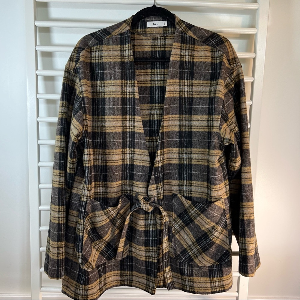 Wool Blend Plaid Women's Shacket with Tie Waist, Black Grey Yellow, Size Large